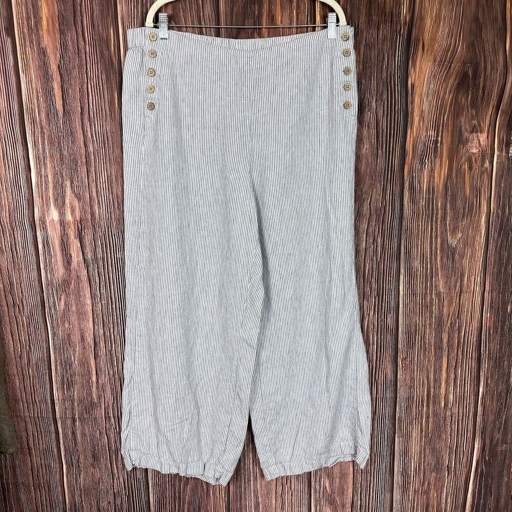 J Jill Pants Womens Grey White Striped Love Linen Lagenlook Pull On LT Large